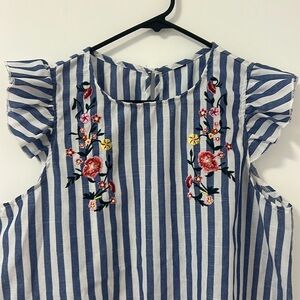 Floral Embroidered striped linen blend blouse with cute sleeves
